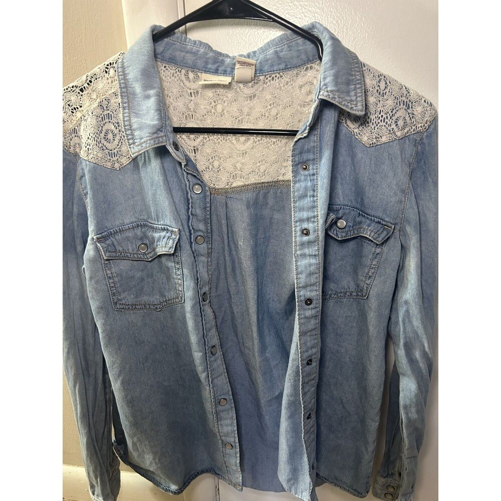 VTG Mudd Denim & Lace Pearl Snap Shirt Women's Medium Y2K Western Boho Cowgirl